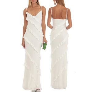 Dames ruches gelaagde slip jurk elegante zomer gemonteerde bodycon lange witte mouwloze backless spaghetti riemfeest 240418