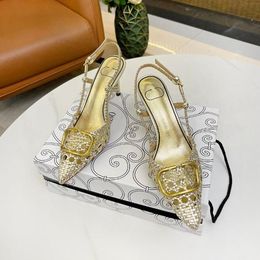 Womens sandalen ontwerper sexy pumps slingback sandaal spitse neus echt leer gebreide holle hoge hakken partij schoenen zilver goud bruiloft maat 40