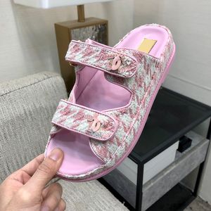 Sandalias para mujer Zapatillas sin cordones de diseñador Tacones de plataforma de tweed Zapato de playa Diapositivas de grosgrain para mujer Clásico Rosa Rojo Negro Verde Zapato de ocio con bolsas para el polvo Chanclas