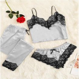 Femmes Satin Soie Dentelle Lingerie Vêtements De Nuit Kimono Peignoir Pyjama Robe Lisse Soie-like Vêtements De Nuit 3 pcs Pyjama Ensemble 9 couleurs Q07062860