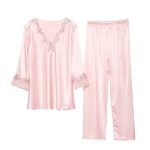 Traje de mujer de satén para mujer, traje de seda helada para mujer, pijama de seda de manga larga, traje fino de seda para dormir en casa, ropa de dormir, vestido de noche