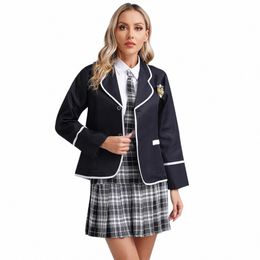 Uniforme d'écolière pour femmes, chemise à manches Lg de style britannique, avec cravate, Badge, broche, jupe plissée, ensemble Costume Halen 27JK #