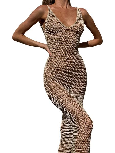 Haut transparent au crochet pour femmes, sans bretelle arrière et haut en filet de poisson, robe de vacances à la plage 240222