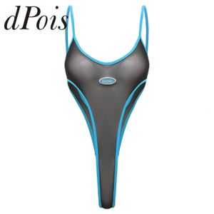 Maillot de bain une pièce en maille transparente pour femmes, maillot de bain, fête à la piscine, vêtements de plage, bretelles Spaghetti, coupe haute, justaucorps 240219