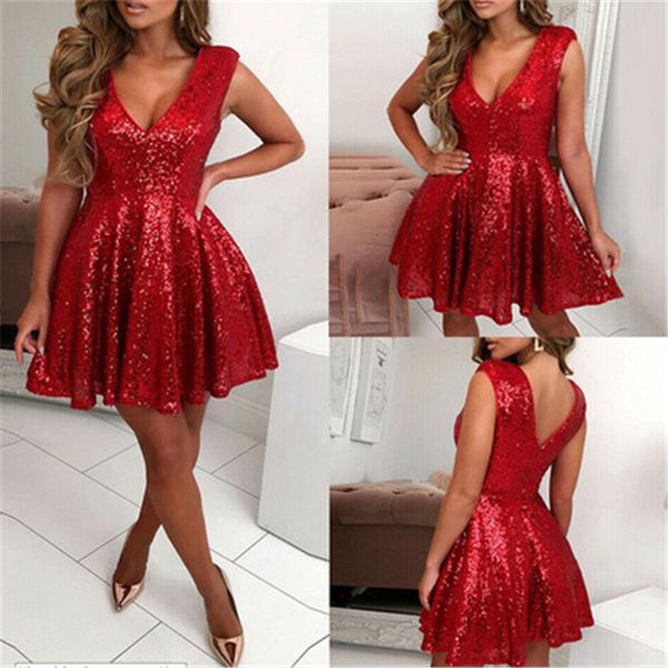 Femmes Seaurs Night Club Robes Mode Rouge Couleurs V Cou Skateur Sans manches Mini Robe Designer Femme Sexy Soirée Casual Jupes courtes