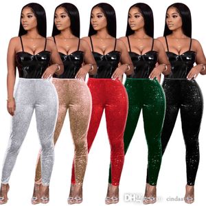 Femmes Paillettes Pantalons 2023 Nouveau Designer Haute Élastique Leggings Plus Taille Moulante Capris 5 Couleurs Sexy Perle Pièce Doublée Slim Fit Pantalon