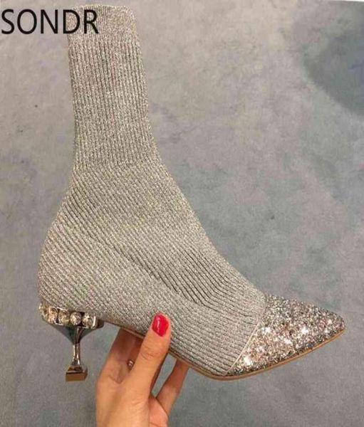 Paillettes féminines strass de cristal cristal diamant couture en tricotage de fil à cheville chaussures chaussures pointues talons talons noirs nouveaux 2022 y228595312