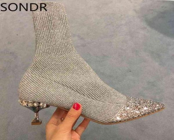 Paillettes féminines strass de cristal cristal diamant couture en tricotage de fil à cheville chaussures chaussures pointues talons talons noirs nouveaux 2022 y221253034