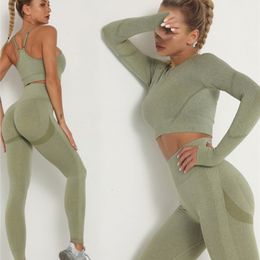 Dames sets dunne tracksuit ademende bra lange mouw top naadloze outfits hoge taille push up leggings gym kleding sportpak 220602