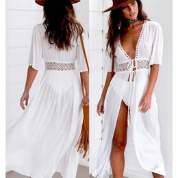 Dames sexy bikini cover -ups kanten lange cape vestiging jas mouw haak tuniek uit hol uit casual strand zwempak cover up 240327