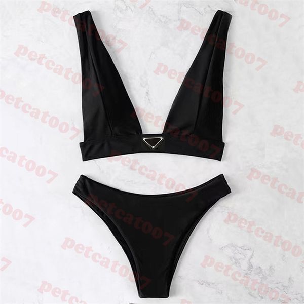 Sweetwear de soutien-gorge sexy avec un bikini noir Triangle Black Set Deep V Neck Swimsuit Summer Bathing