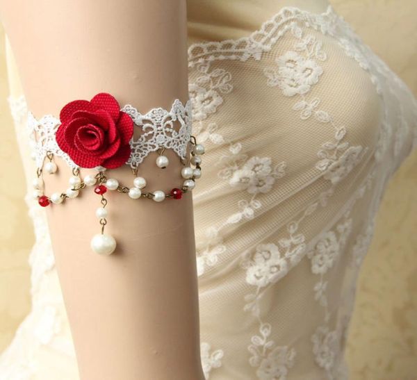 Mujeres sexy hecho a mano flor roja rosa encaje blanco perla de imitación gota brazo banda brazalete pulsera nupcial danza boda moda 3283129
