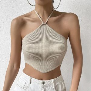 Womens Sexy Hang Neck Lace Up Backless Gebreide Vest Slim Cropped Tops Clubwear