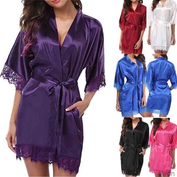 Mujeres Sexy Liso Seda Satén Encaje Delgado Suave Batas Baño Ropa de dormir Conjuntos exóticos Dress2401