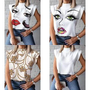 Dames sexy zomer t-shirt stand kraag lippen bedrukte tops tees mouwloze dames acetaat maat s-2xl blouses vrouw vrouw kleren