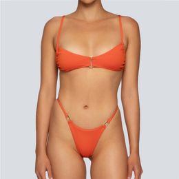 Traje de baño sexy para mujer, traje de baño bikini, ropa de playa para nadar, dos piezas, color sólido, botón de metal, moda, corte de cintura alta, trajes de baño, bikinis, ropa interior de baño para moda praia