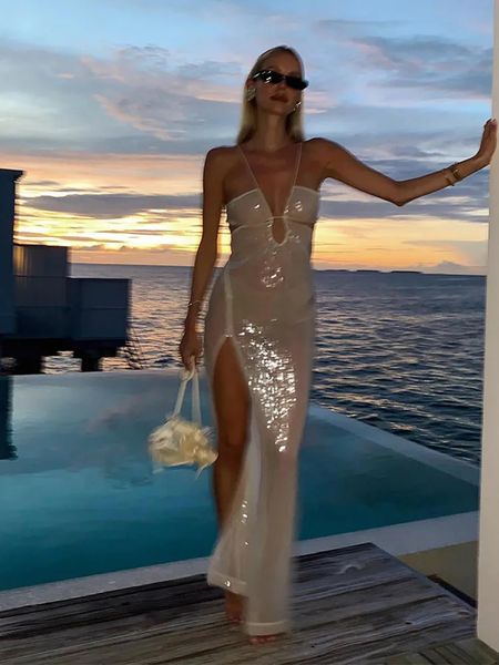 Femmes sexy blanc transparent robe à bretelles à la mode sans manches creux fendu gilet femmes 2024 tennis de table fête robe de plage 240210