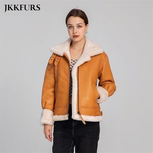 Dames Shearling Jas Echt Leren Jas Warme Echte Wollen Jas Dubbel Gezicht Bikerjack S3628 220822