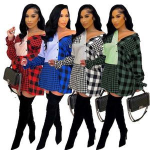 Womens Shirt Dress designer Plaid Frosted Stitched Single Breasted Sleeve Lace Up Shirt Dress 4 couleurs S-XXL