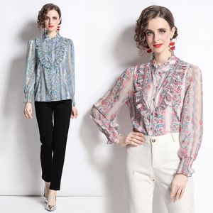 Womens Shirt Lange Mouw Ruffle Gedrukt Blouse 2022 Lente Herfst Floral Shirt Boutique Retro Palace Lady Tops