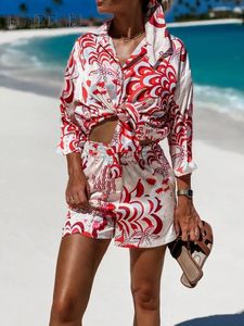 Femmes chemise ensembles mode imprimé été à manches longues Shorts 2 pièces ensemble 2023 dame Vintage vacances plage tenues décontractées 240314