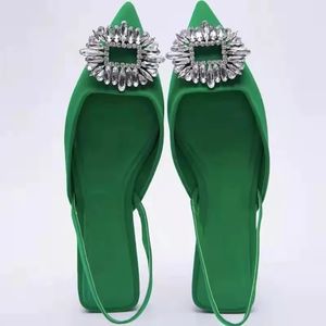 Chaussures pour femmes bout pointu peu profonde nu vert diamant chaussures talon bas dos chaussures à bretelles femmes sandales 240304