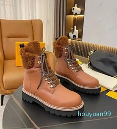 Zapatos para mujer Botas de lana de invierno Zapatos de diseñador Invierno Tacón grueso 100% flamencos de cuero Medalla de amor Bota del desierto Cordones para dama Grueso Tacones altos Tamaño