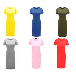 Manga corta para mujeres Longitud de la rodilla casual al cuerpo midi largo para la camiseta vestida de color lápiz de color sólido lápiz de cuello redondo 240422