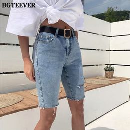 Shorts pour femmes BGTEEVER décontracté Stretch taille haute bleu détruire déchiré Denim poches courtes gland Midi Shorts jean pour les femmes été 230520