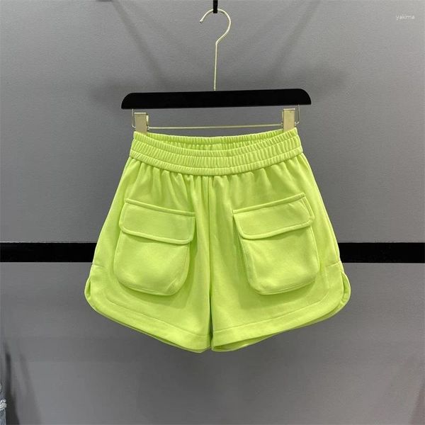 Pantalones cortos deportivos de color caramelo para mujer, pantalón informal de pierna ancha, cintura alta elástica, corte en A, informal, para playa, verano 2024