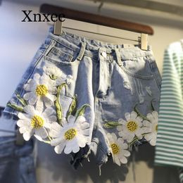 Womens Shorts Bloemen Borduren Denim Vrouwen Zomer Wijde pijpen Jeans Korte Broek blauw korte bodem zonnebloem bloem strand zomer 230601