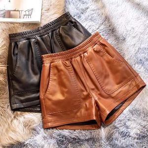 Womens Shorts Harajuku Vrouwen Femme Hoge Elastische Taille Casual Wijde Pijpen Laarzen Broek Mujer ZWART Lederen Korte Cortos