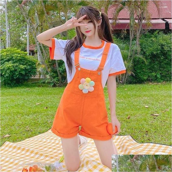 Femmes Shorts Japonais Harajuku Orange Salopette Pour Femmes Fille Été Kawaii Mignon Jarretelle Combinaison Vacances Adolescent Vacances Vêtements Dh1Dd