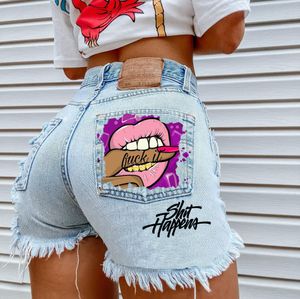 Womens Shorts Selling Denim Personality Mouth Bite Finger Printing Fashion Hole Pants Women 230625