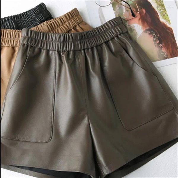 Short en peau de mouton véritable pour femme, pantalon taille haute, amincissant et polyvalent, jambes larges, tendance 2024