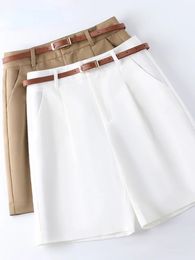 Dameshorts Solid Casual Loose Summer Ventilaat voor vrouwen Hoog getailleerd ADD Belt Fashion Cotton Linen Korte broek 240407