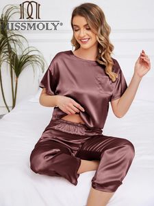 Dames zijden pyjama's korte mouw slaapkleding zachte satijnen loungewear ronde nek t -shirts en broek 2 -delige set 240518