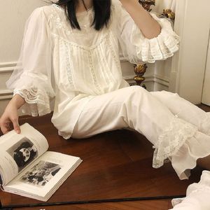 Dames slaapkleding zijden satijnen zacht katoen handgemaakte borduurwerk vrouwen pyjama sets herfst vintage zoete vrouwelijke witte pyjama slaapkleding met lange mouwen