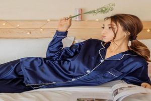 Dames zijden satijn pyjamas pyjama's set lange mouw slaapkleding pijama pyjama's pakken vrouwelijke slaap tweedelige set loungewear plus size 206105783