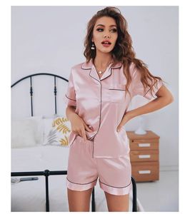 Dameszijden satijnen pyjamaset met korte mouwen, tweedelige pyjama-sets Nachtkleding Loungewear met knopen 240314