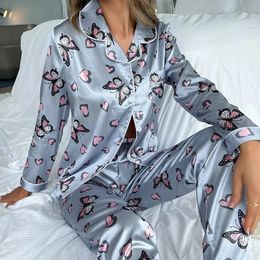 Dames Silk Satin Pamas Loungewear Tweedelige slaapkleding Dames met lange mouwen Soft Button-Down PJ Set Pijama 240110