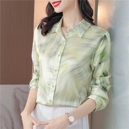 Camisa de seda para mujer Spring Spring New Fashionable y Elegant Style Polo Manges Long Manges que cubren el vientre Show Top para mujeres