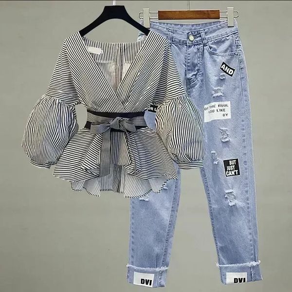 Femmes Style Simple arc Polyester Denim noeud pantalons ensembles pantalons ensembles mince rayé manches en mousseline de soie chemise jean 2 pièces costume 240326