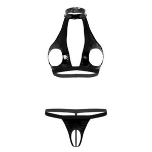 Conjunto de lencería exótica Sissy para mujer Wetlook entrepierna de cuero sintético ahueca hacia fuera el busto sujetador abierto pezones tapas con agujeros con calzoncillos sin entrepierna Bra269x