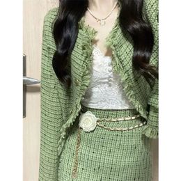 Conjuntos de falda para mujer, abrigo verde con cuello redondo y manga larga con un solo pecho, ropa de mujer de dos piezas con borlas de Tweed ALine de cintura alta 240116