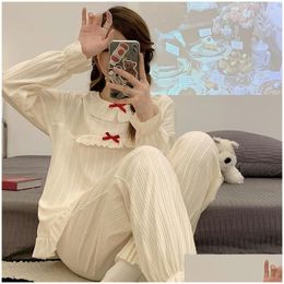 Vêtements de nuit pour femmes 2023 Spring automne à manches longues à manches longues en coton sets pour femmes coréen mignon costume pyjama maison pijama mujer home gouth dhwf0