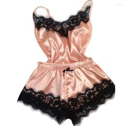 Vêtements de nuit pour femmes 2023 femmes noeud sans manches sangle vêtements de nuit dentelle garniture Satin Cami haut pyjama ensembles Femme Sexy Lingerie pyjamas