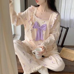 Dames slaapkleding 2024 Spring lange mouw katoenen afdrukken pyjama sets voor vrouwen Koreaanse schattige boog huiskleding pijama mujer thuiskleding