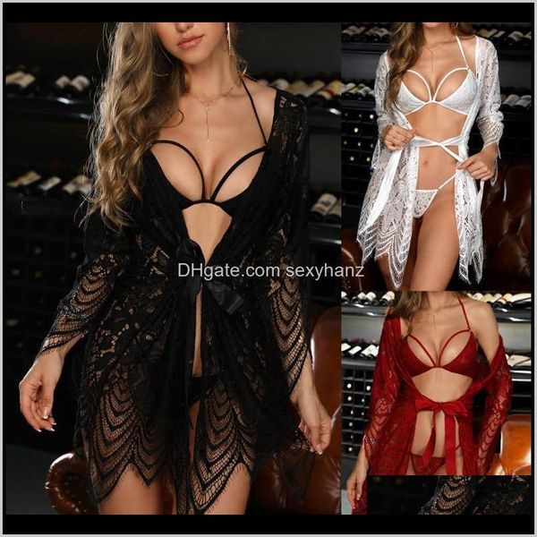 Vêtements de nuit pour femmes 3Pc Femmes Plus Size Floral Lace Trim Up Robe Bra Panty Set Nightgown Lingerie Vjz6H Ygs1X