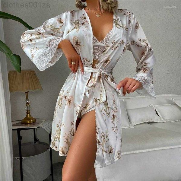 Vêtements de nuit pour femmes 3 pièces, Lingerie Sexy en dentelle, Camisole en Satin, Robe de nuit, ensemble pyjama, vêtements de nuit, chemise de nuit 24BB